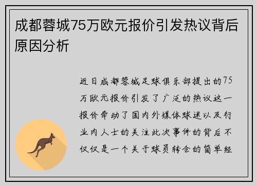 成都蓉城75万欧元报价引发热议背后原因分析 成都蓉城75万欧元报价引发热议背后原因分析
