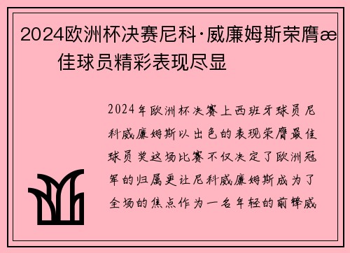 2024欧洲杯决赛尼科·威廉姆斯荣膺最佳球员精彩表现尽显 2024欧洲杯决赛尼科·威廉姆斯荣膺最佳球员精彩表现尽显