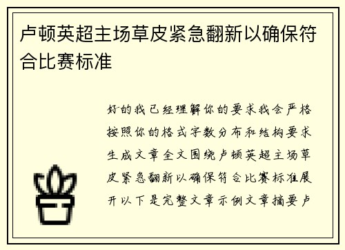 卢顿英超主场草皮紧急翻新以确保符合比赛标准