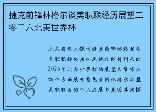 捷克前锋林格尔谈美职联经历展望二零二六北美世界杯