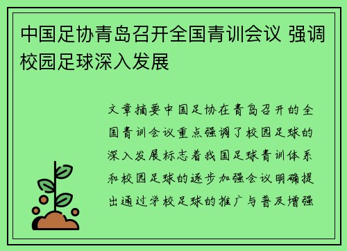 中国足协青岛召开全国青训会议 强调校园足球深入发展 中国足协青岛召开全国青训会议 强调校园足球深入发展