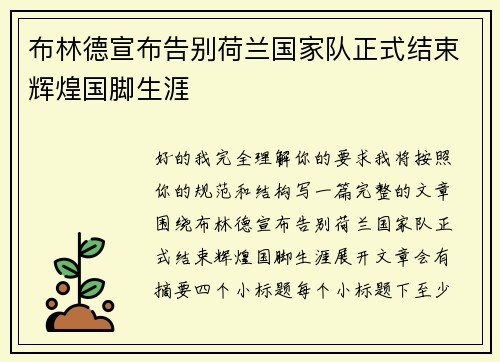 布林德宣布告别荷兰国家队正式结束辉煌国脚生涯